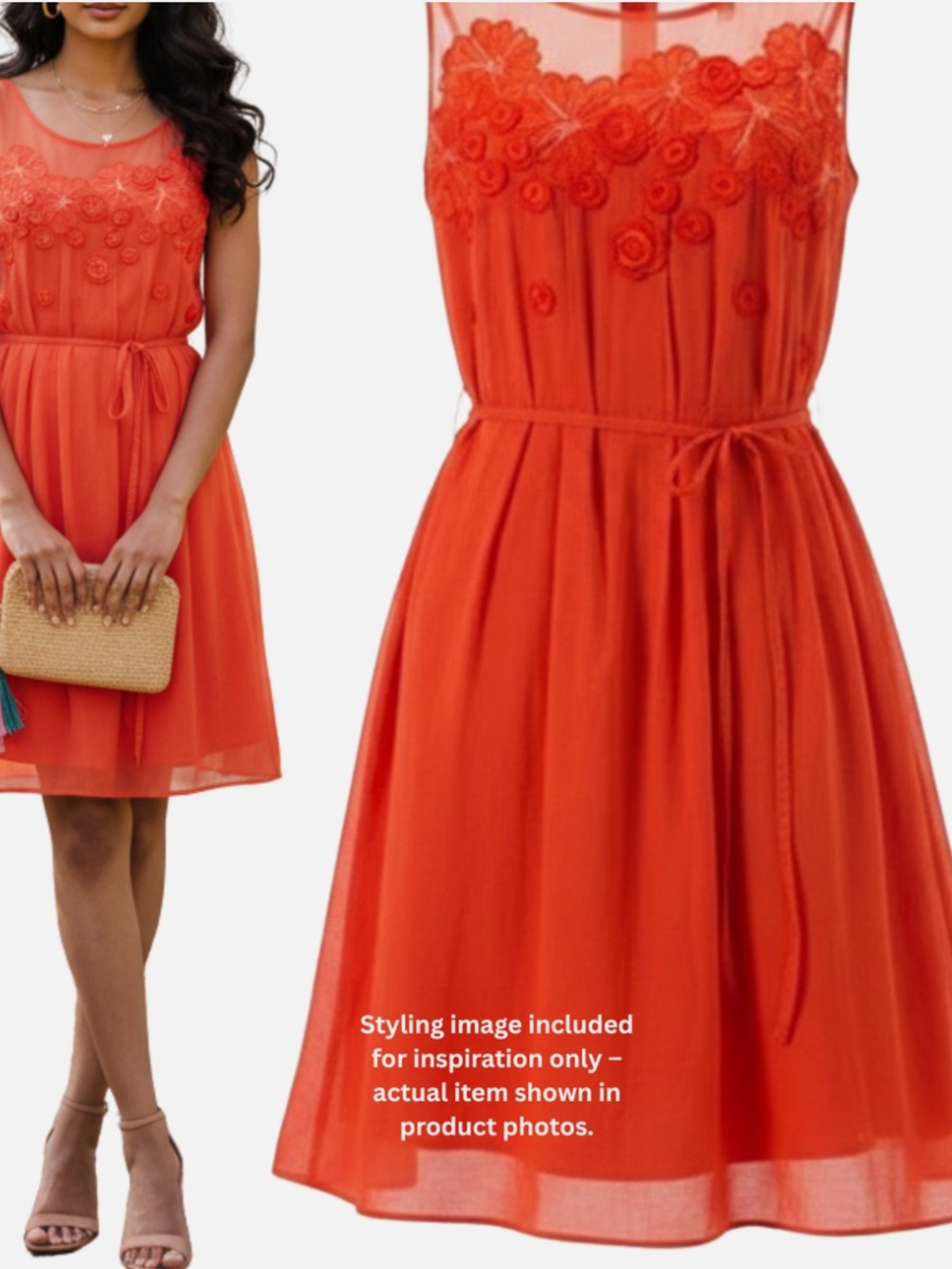 Anthropologie Meadow Rue Embroidered Chiffon Orange Dress Size 10 Wedding Guest